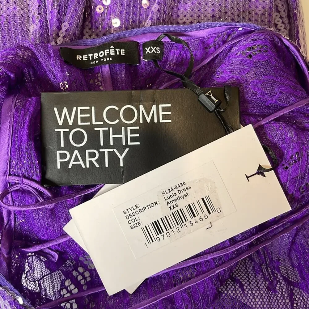 RETROFETE Lucia Sequin Strapless Bodycon Lace Sheer Purple Maxi Dress Size XXS - Picture 11 of 12